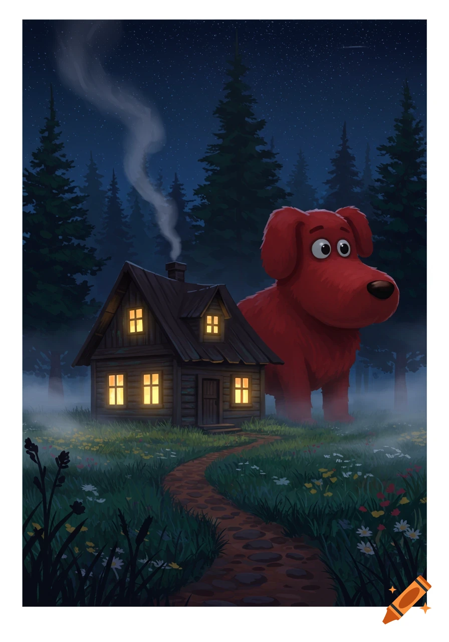 A giant red dog stands next to a small, glowing wooden cabin in a misty, dark forest at night, with a stone path leading to the door. Illustration.