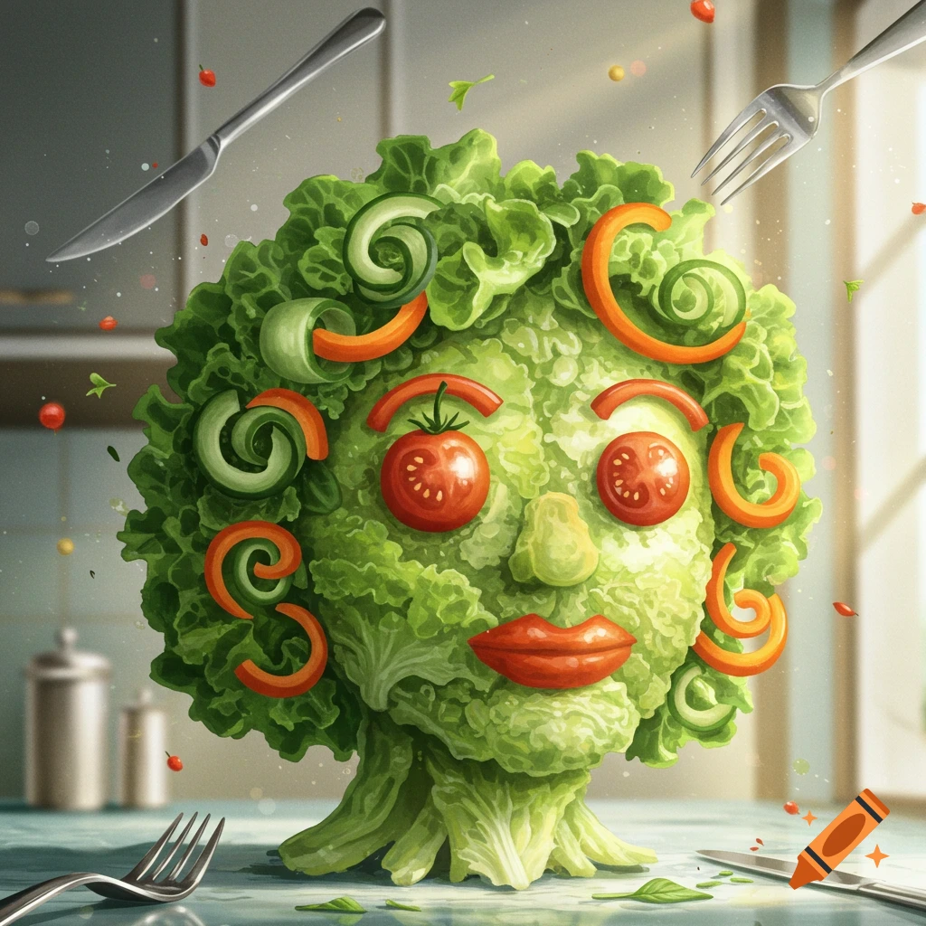 A whimsical illustration of a human face made from lettuce, tomatoes, and bell peppers, surrounded by kitchen utensils in a kitchen.