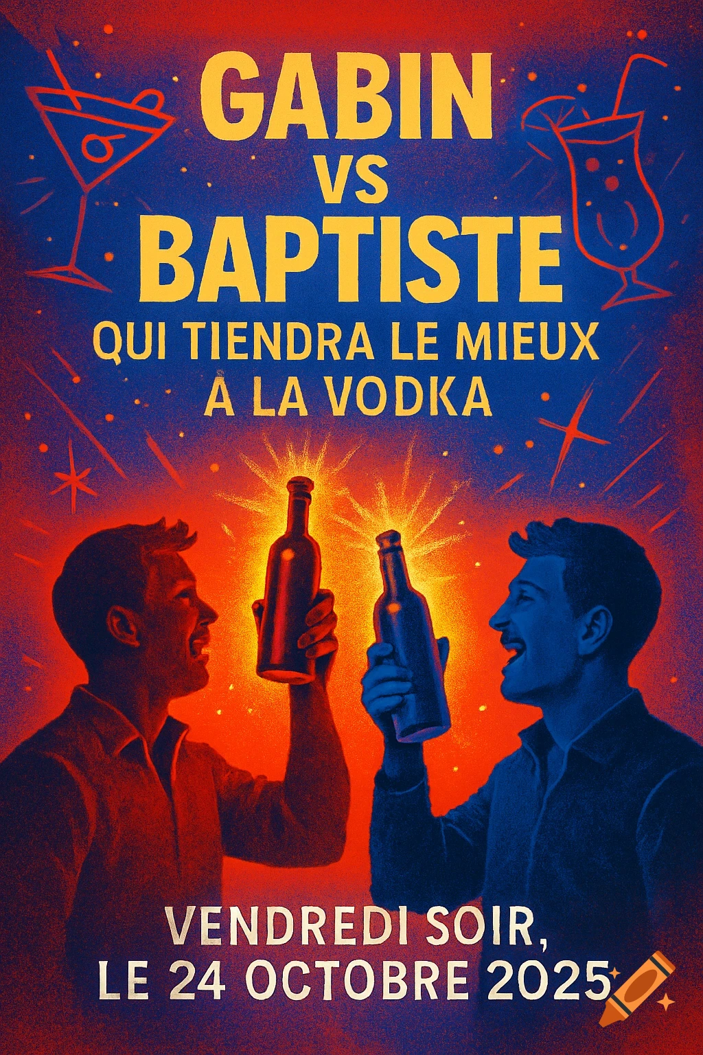 A stylized red and blue poster depicts two men holding up glowing bottles, with text "GABIN VS BAPTISTE QUI TIENDRA LE MIEUX A LA VODKA VENDREDI SOIR, LE 24 OCTOBRE 2025" and cocktail illustrations.