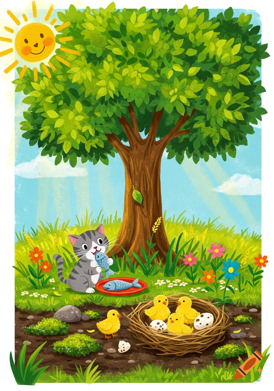 A colorful children's illustration shows a gray cat eating a fish under a green tree, with yellow chicks and eggs in a nest, and a smiling sun in the sky.