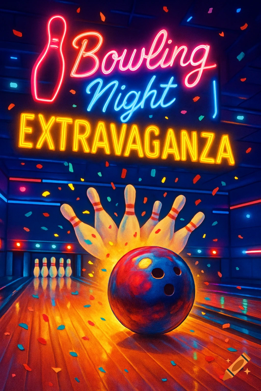 A vibrant neon art style image showing a bowling ball about to strike pins on a lane, with "Bowling Night EXTRAVAGANZA" in neon text.