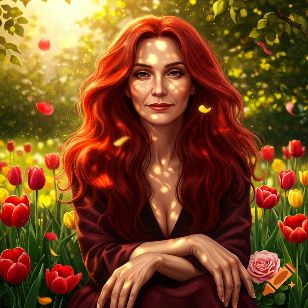 A stunning portrait of a red-haired woman with flowing hair, seated among vibrant red and yellow tulips in a sun-dappled garden.
