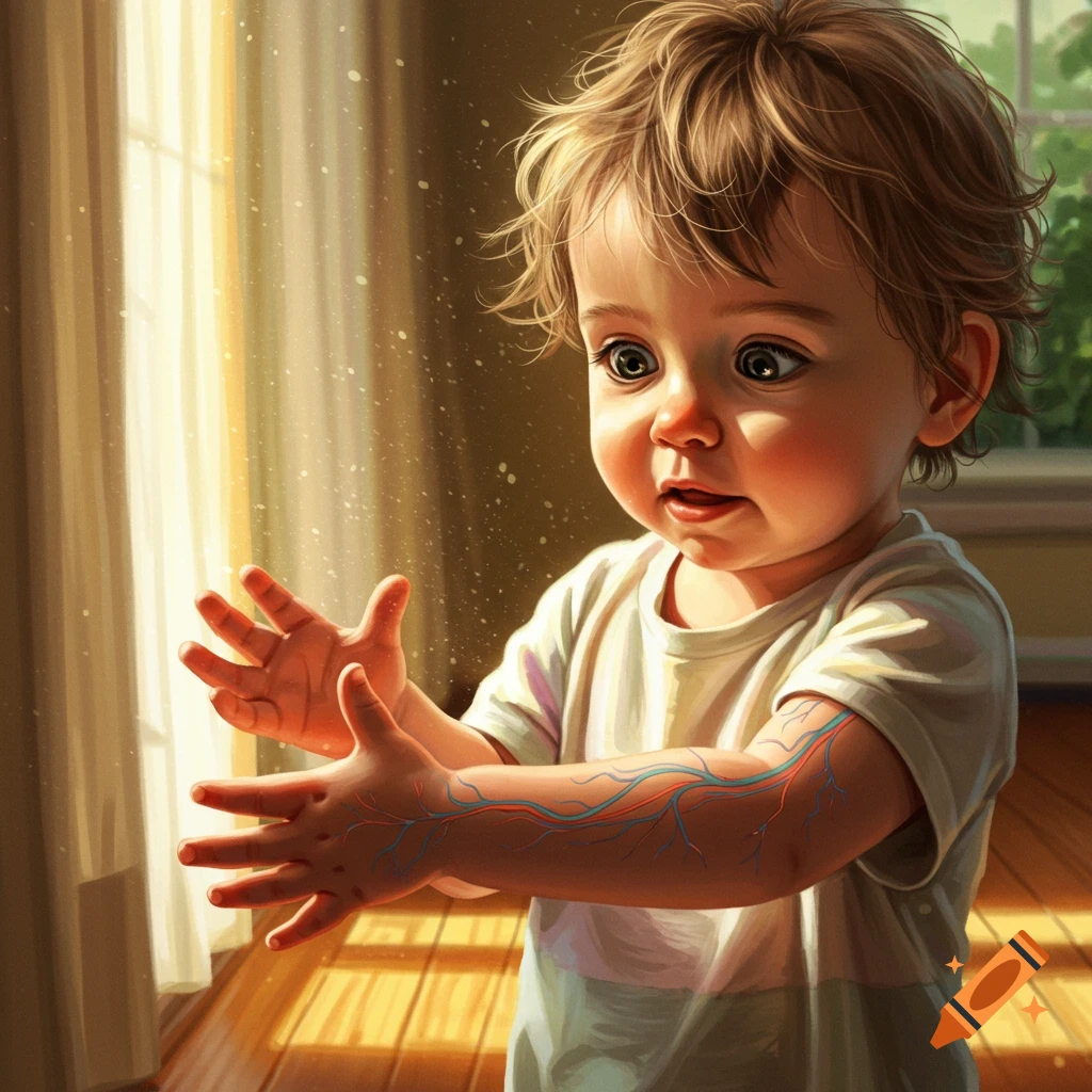 Photorealistic image of a wide-eyed toddler with prominent red and blue veins on their arm, looking at outstretched hands in sunlight.