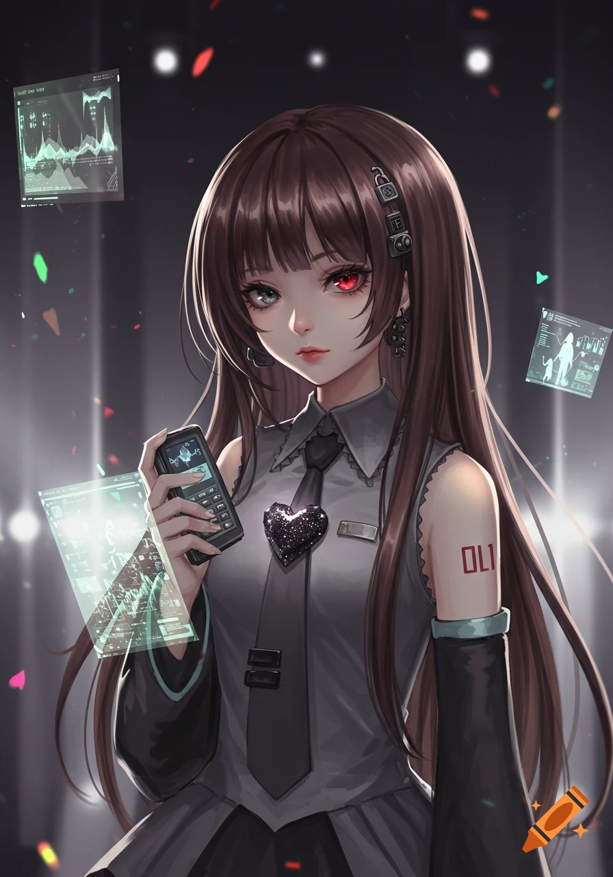 An anime girl with long brown hair, one red eye and one gray eye, wearing a gray dress with a glittery black heart, holding a phone, with futuristic screens floating around her.