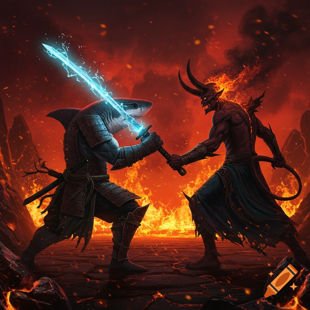 A samurai shark with a glowing blue sword fights a horned red devil in a fiery, hellish landscape.