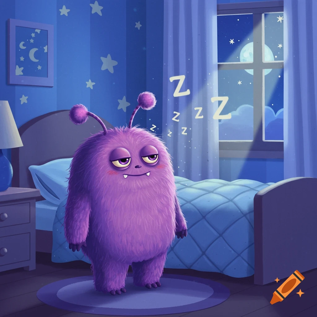A sleepy purple cartoon monster with droopy eyes stands in a dark blue bedroom with a bed and a moonlit window, Zzz symbols float around its head.