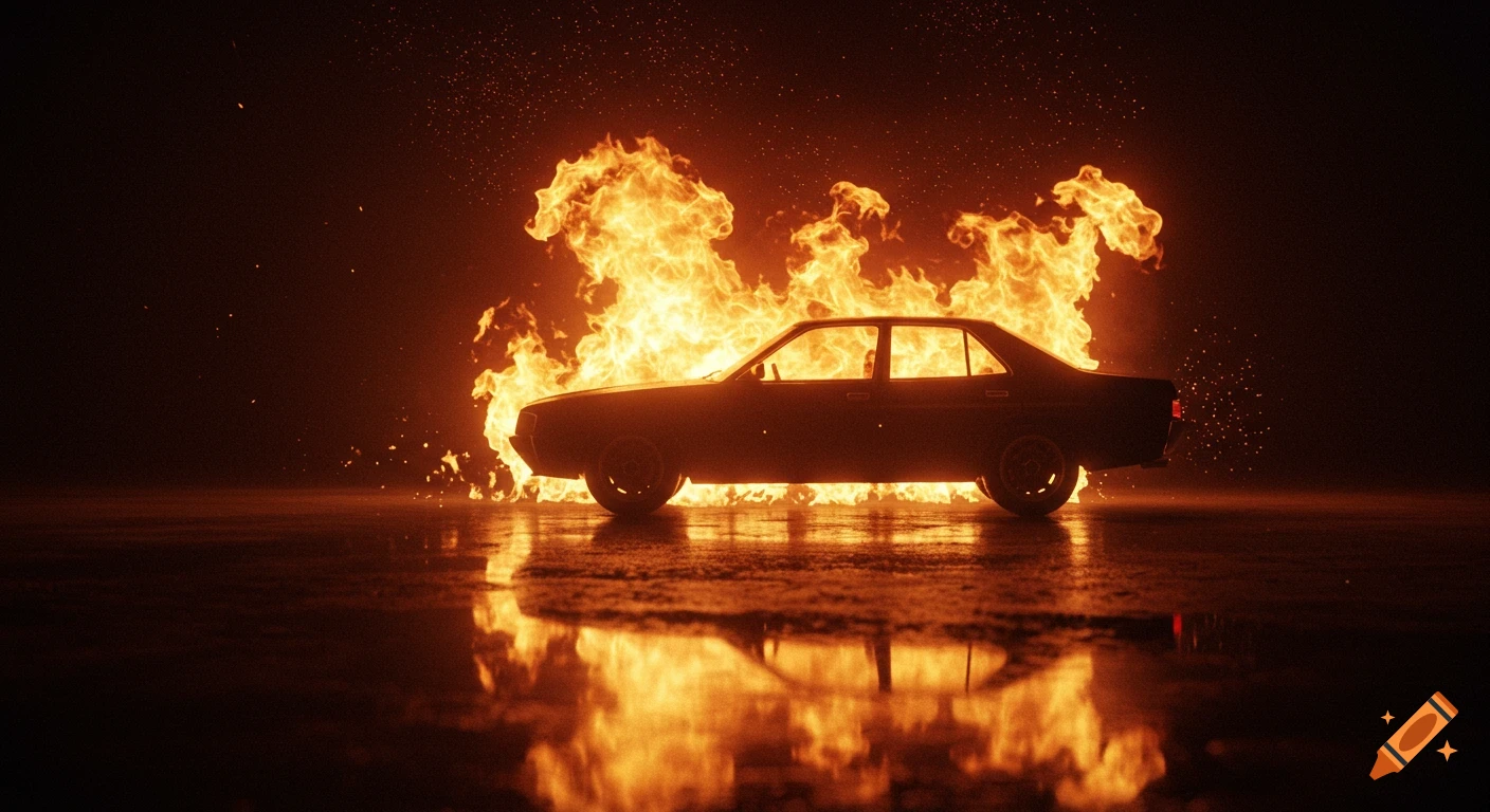Silhouetted black car engulfed in bright flames at night, fire reflecting on wet ground, dramatic and high-contrast.