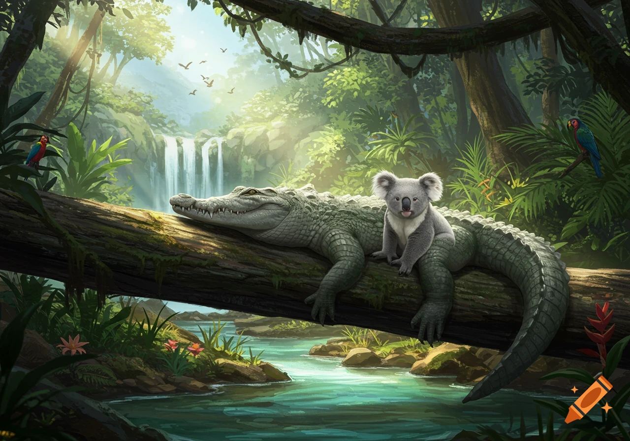 An illustration of a crocodile and a koala on a log in a lush jungle with a waterfall and river.