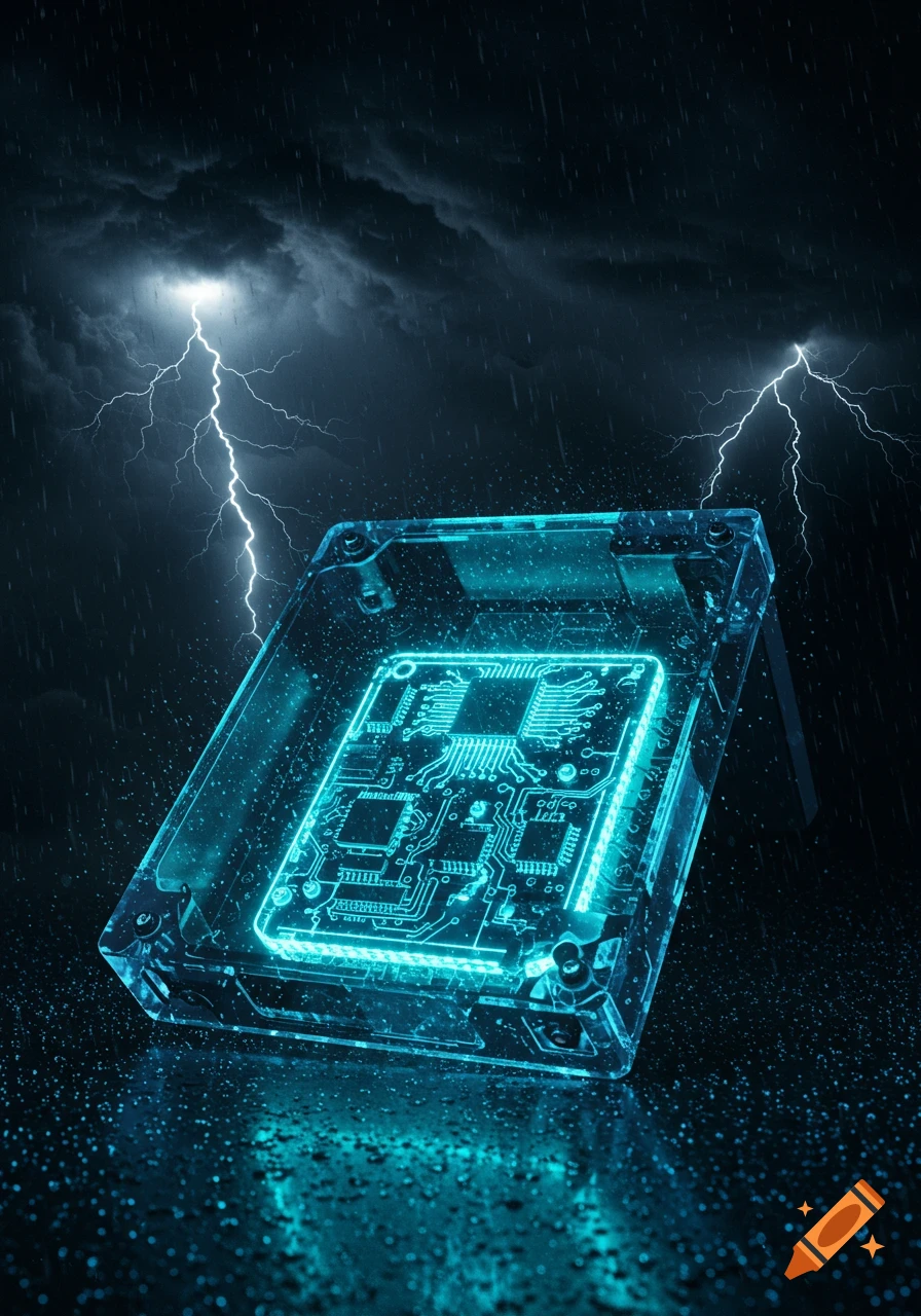 A glowing blue futuristic circuit board housed in a clear case under a heavy storm with lightning.