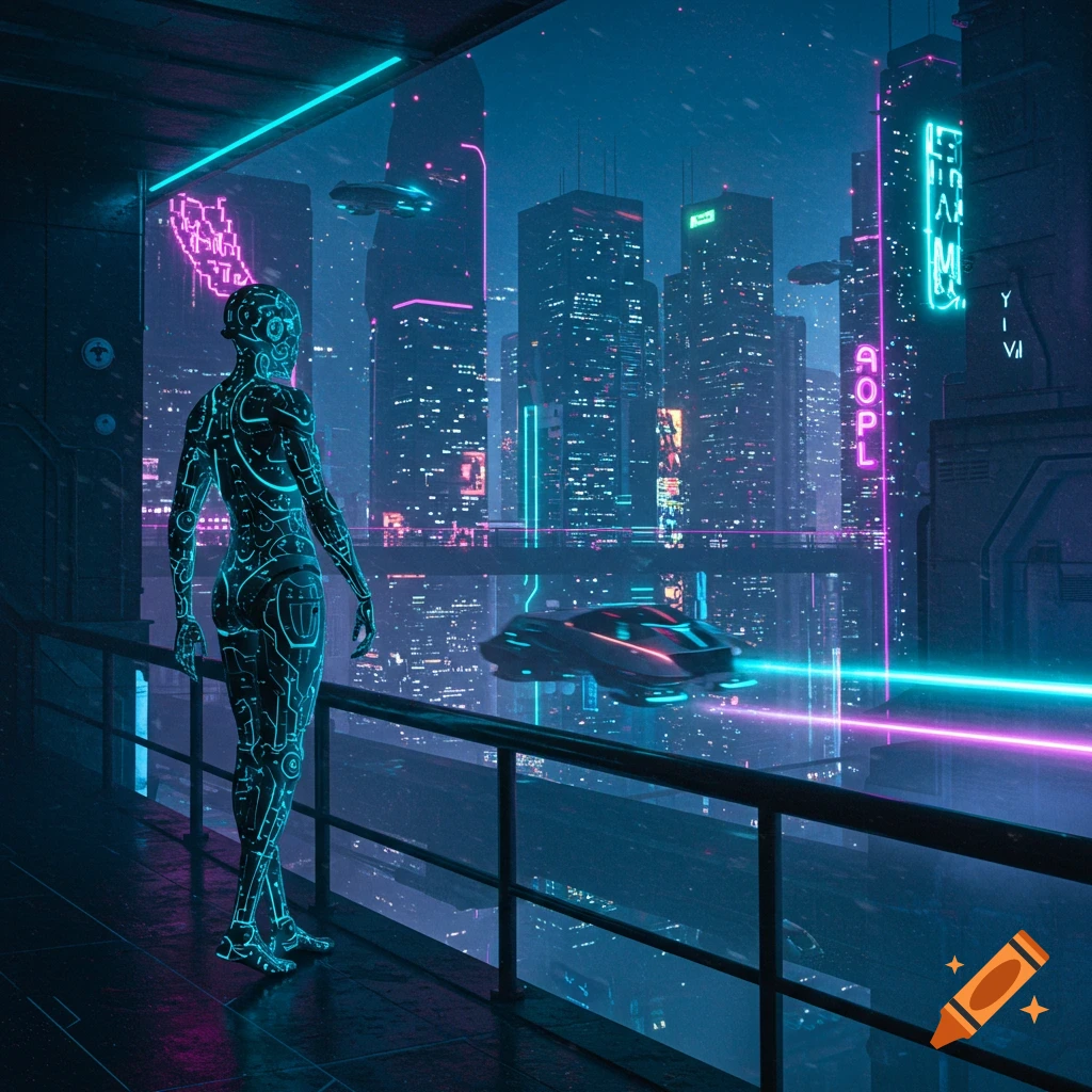 Cyborg figure on a balcony overlooking a neon-lit futuristic city with flying vehicles, in a cyberpunk style.
