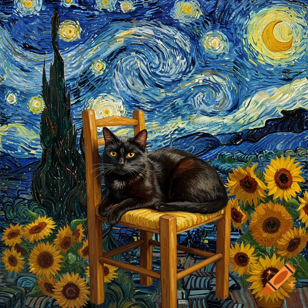 A black cat sits on a woven chair amidst a vibrant Van Gogh-style painting featuring swirling skies, a tall cypress, and sunflowers.