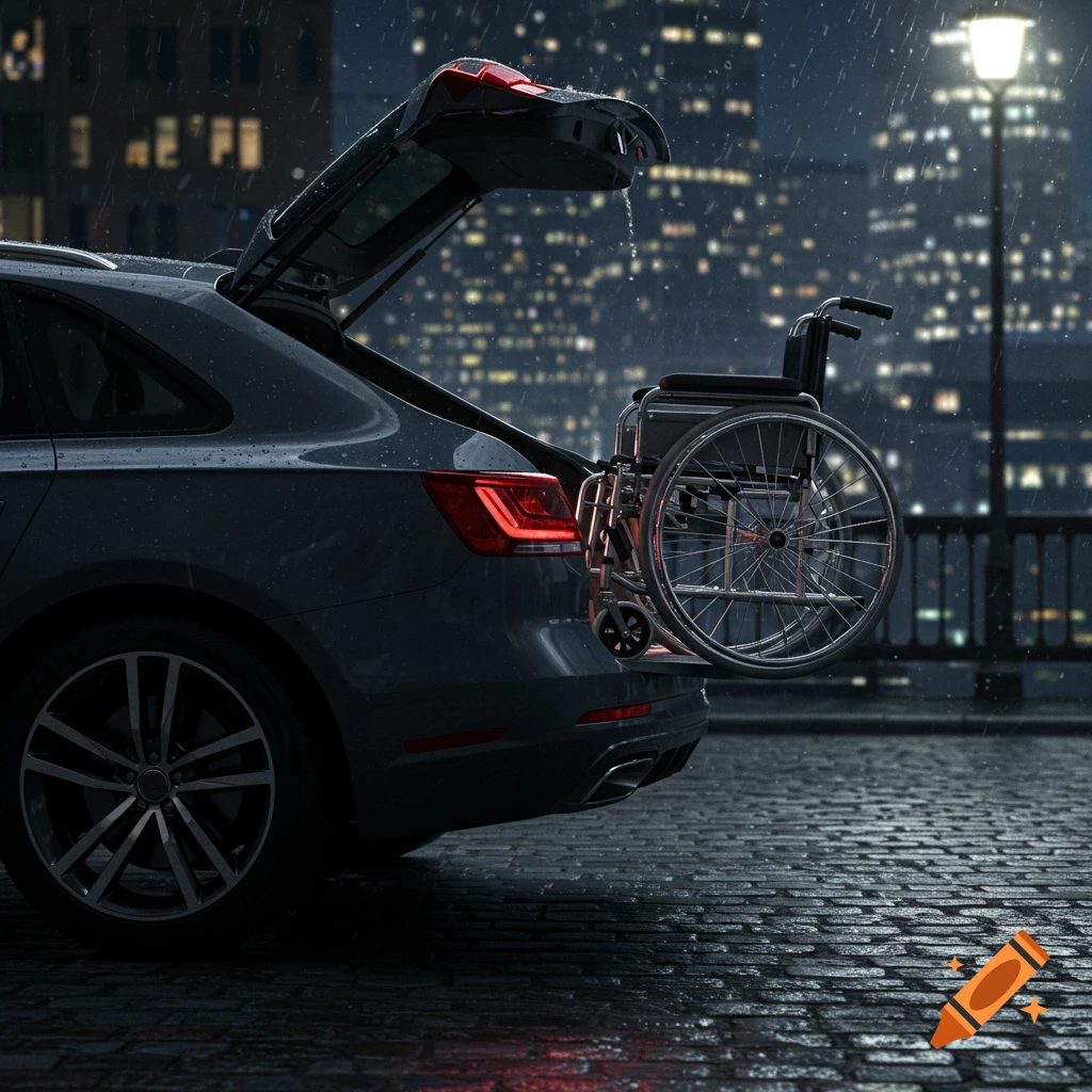 Photorealistic image of a dark grey car with its open boot containing a wheelchair, parked on a wet cobblestone street in a rainy city night.