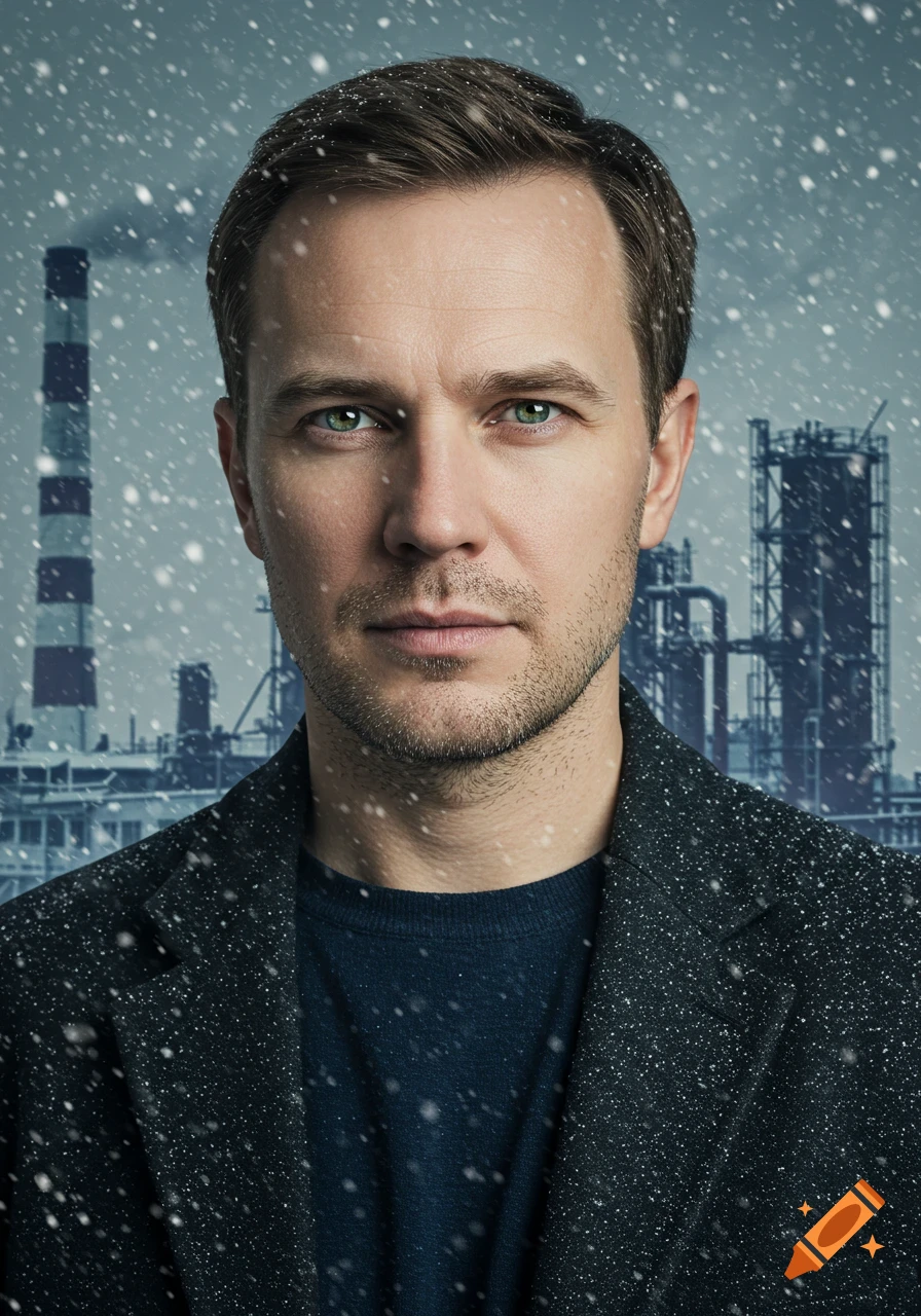 A photorealistic portrait of a man with green eyes and stubble, wearing a dark coat, against a snowy industrial city background.