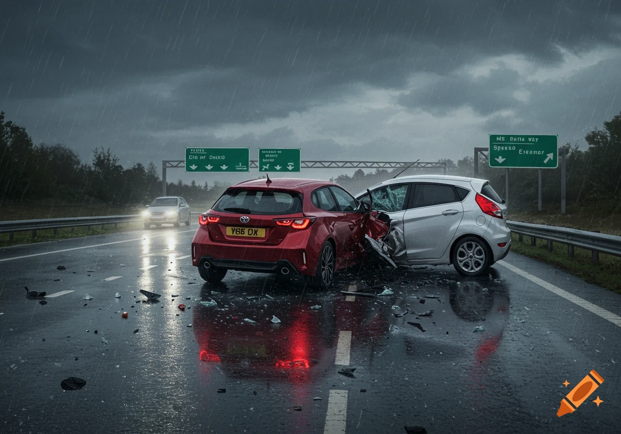 A red car and a white car after a crash on a wet highway in heavy rain, with debris scattered on the road.