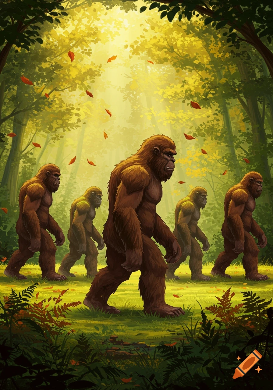 Five brown, hairy sasquatches walk through a sunlit forest with falling leaves in an illustrative style.