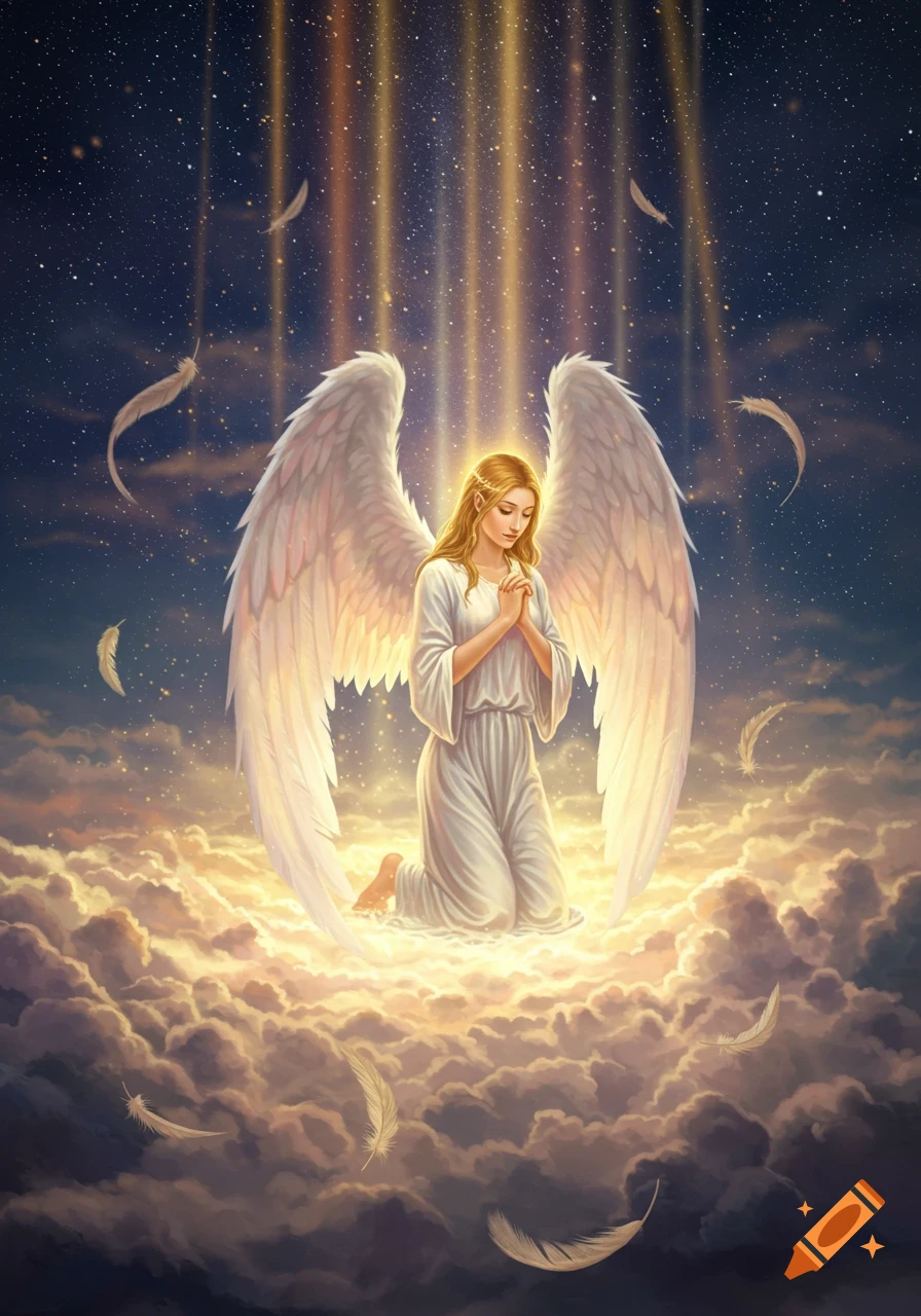 An angel with blonde hair and large white wings kneels in prayer on glowing clouds under a starry night sky with golden light beams.