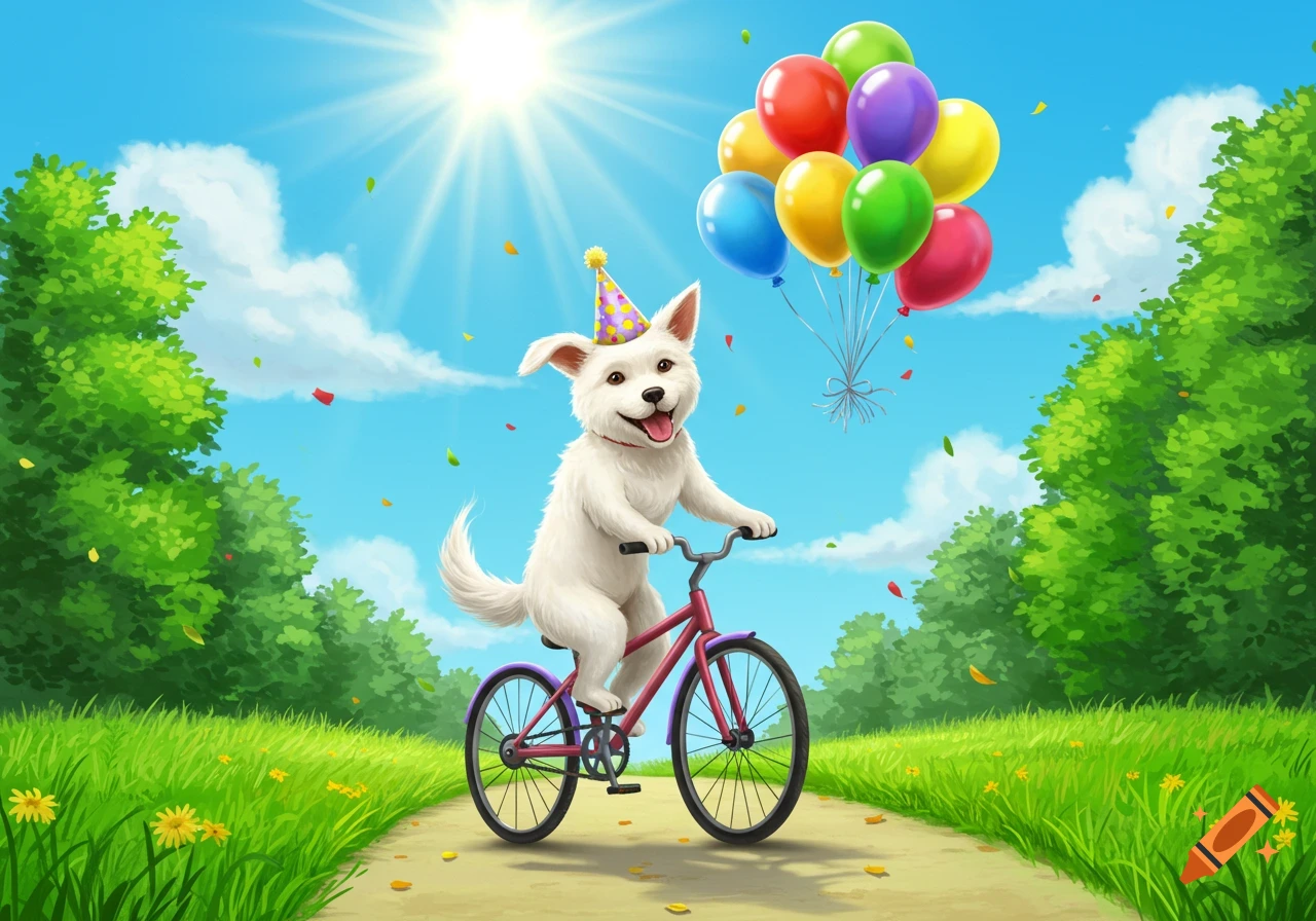 A happy white cartoon dog in a birthday hat rides a bicycle on a sunny path, surrounded by balloons and green nature.