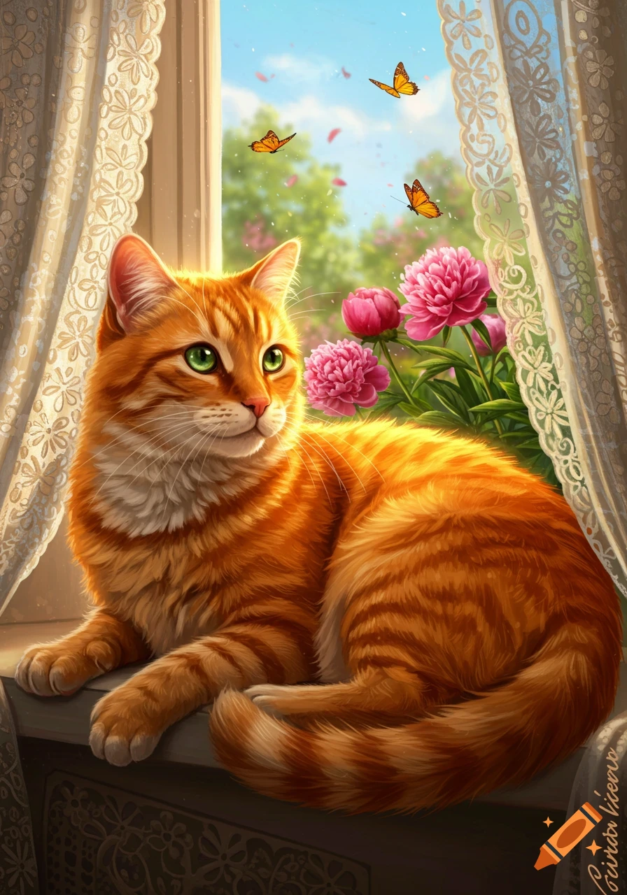An orange cat with green eyes lies on a window sill, looking at pink peonies and butterflies outside, with lace curtains.