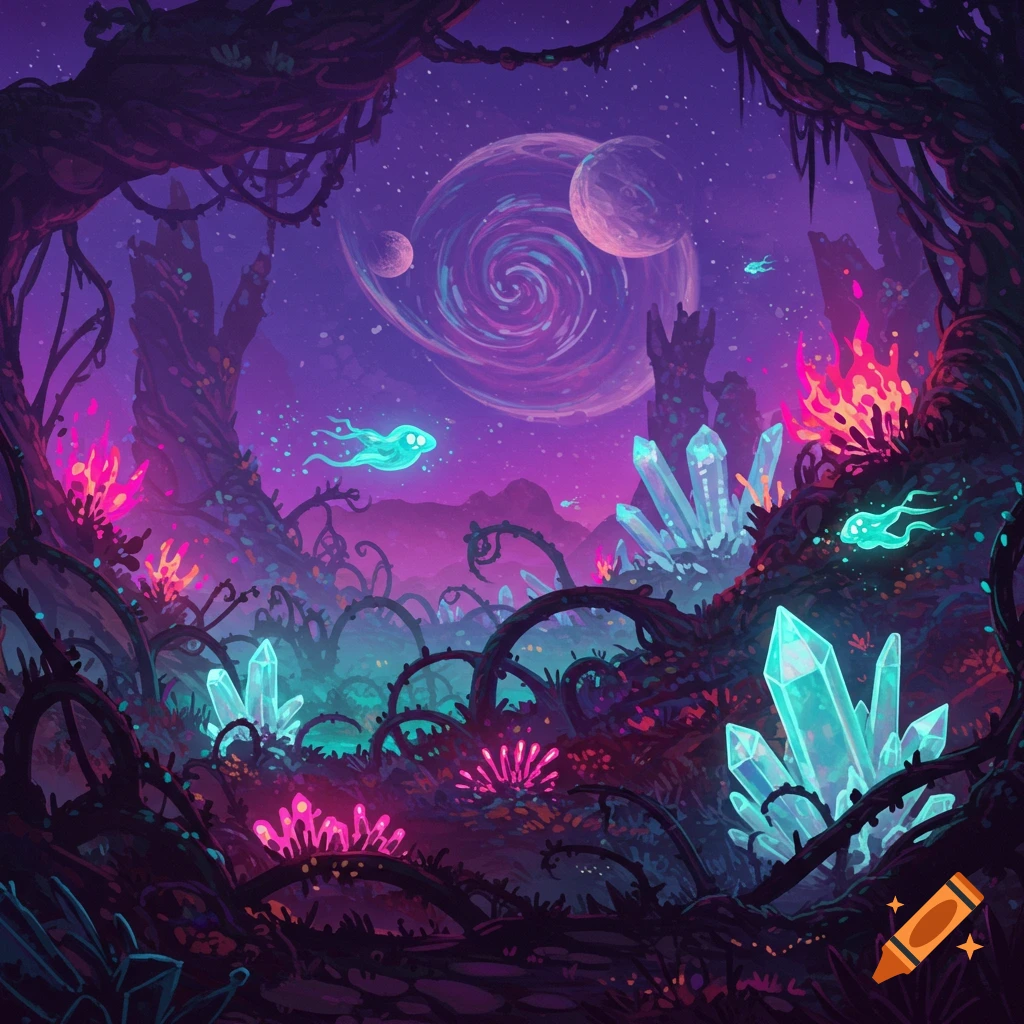 Vibrant alien fantasy landscape with glowing plants, crystals, dark vines, and ethereal creatures under a purple cosmic sky with planets. Digital art.