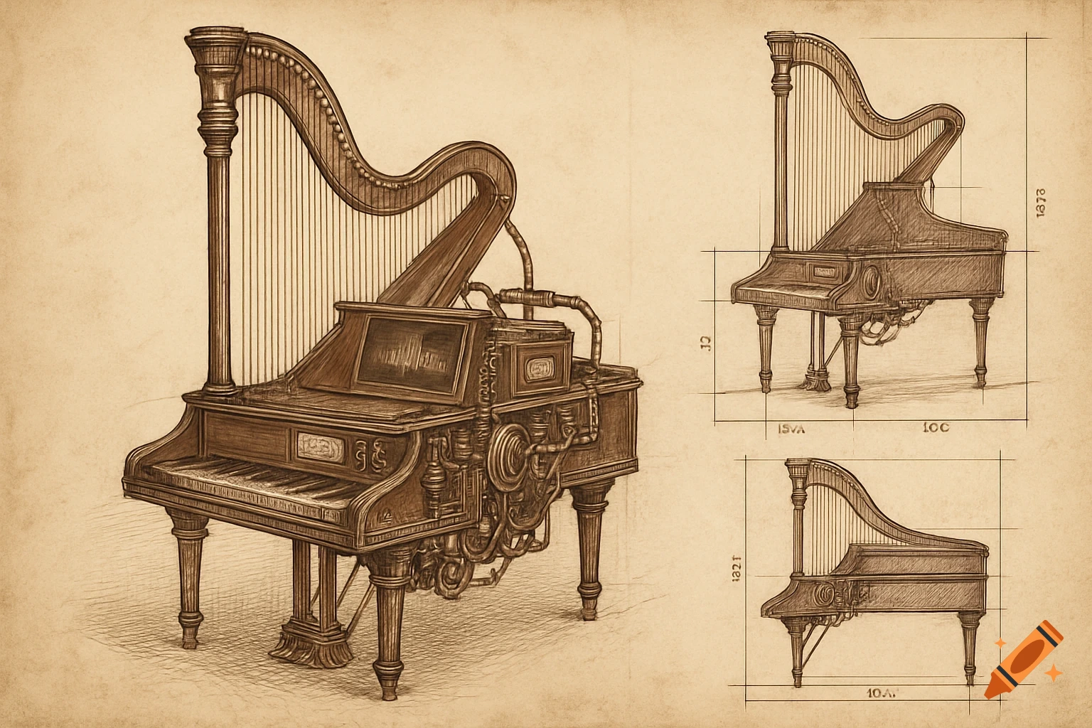 A detailed sepia-toned sketch of a steampunk harpsichord with a large harp, monitor, and piping, accompanied by blueprint-style orthographic views.