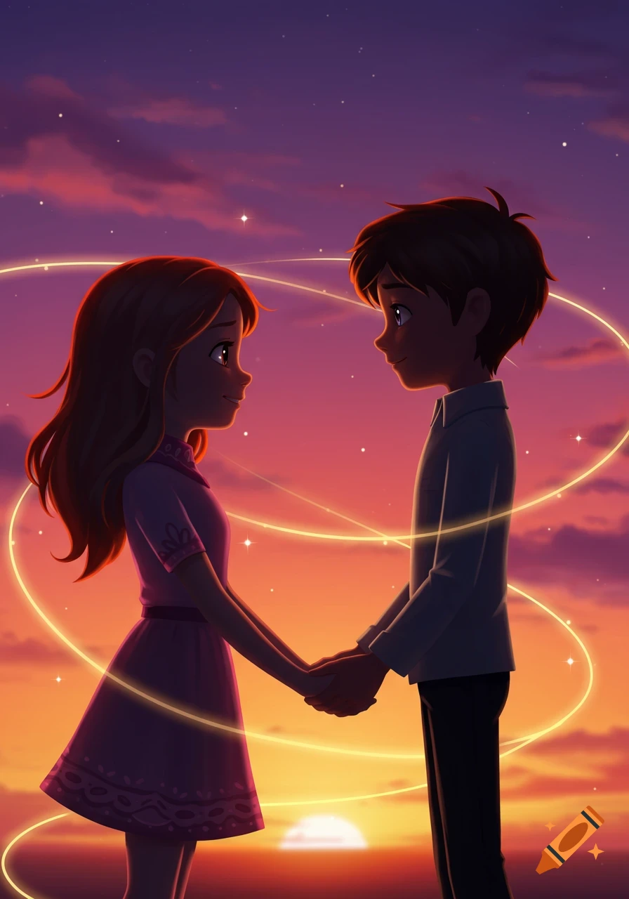 Two animated characters, a boy and a girl, hold hands and gaze at each other against a vibrant sunset with glowing magical lines.