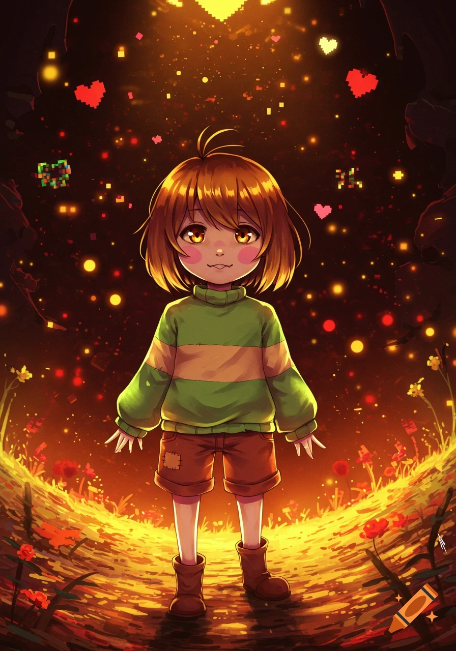 A child-like anime character with short brown hair, large yellow eyes, pink blush, wearing a green and yellow striped sweater and brown shorts, stands in a dark, glowing landscape with pixelated hearts.