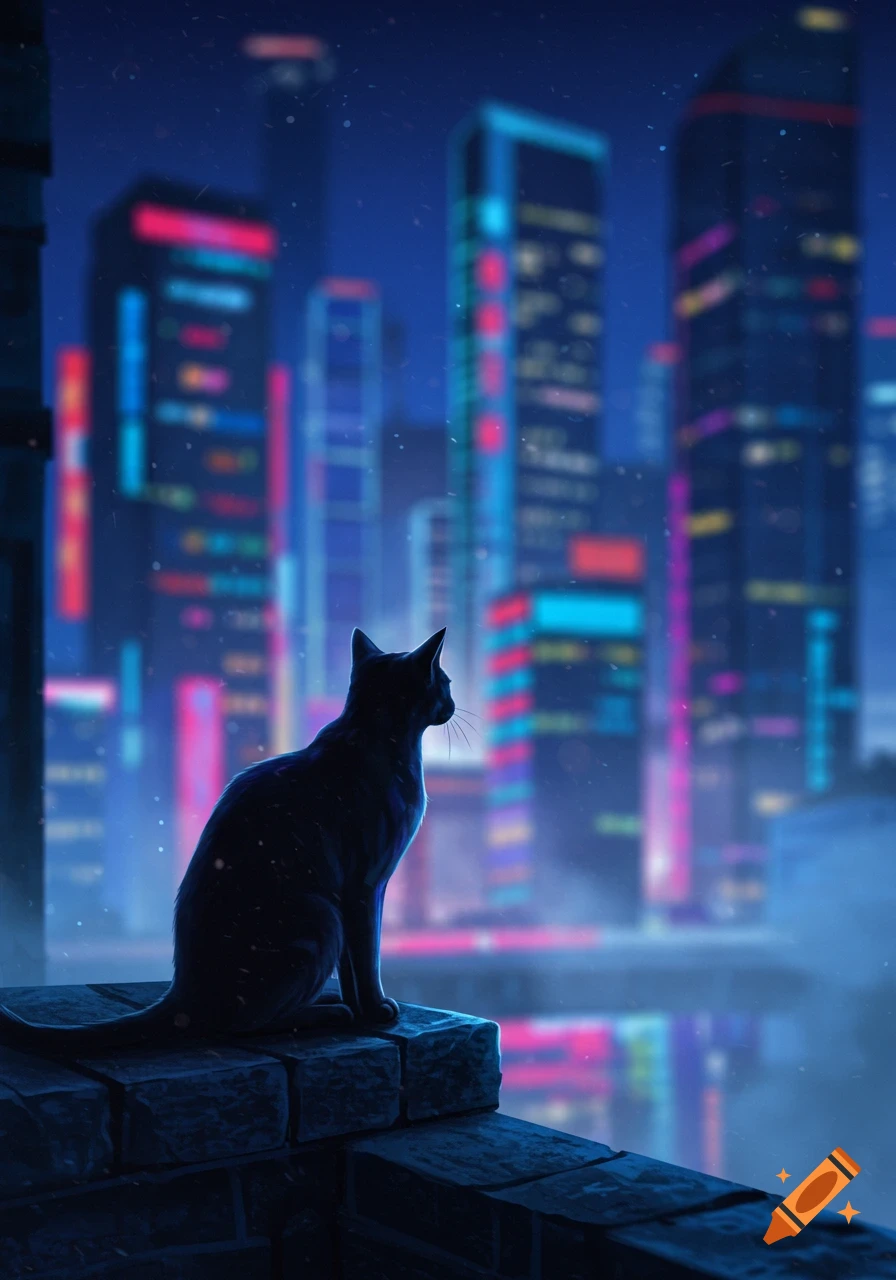 A black cat sits on a ledge, silhouetted against a blurry, neon-lit city skyline at night in digital art.