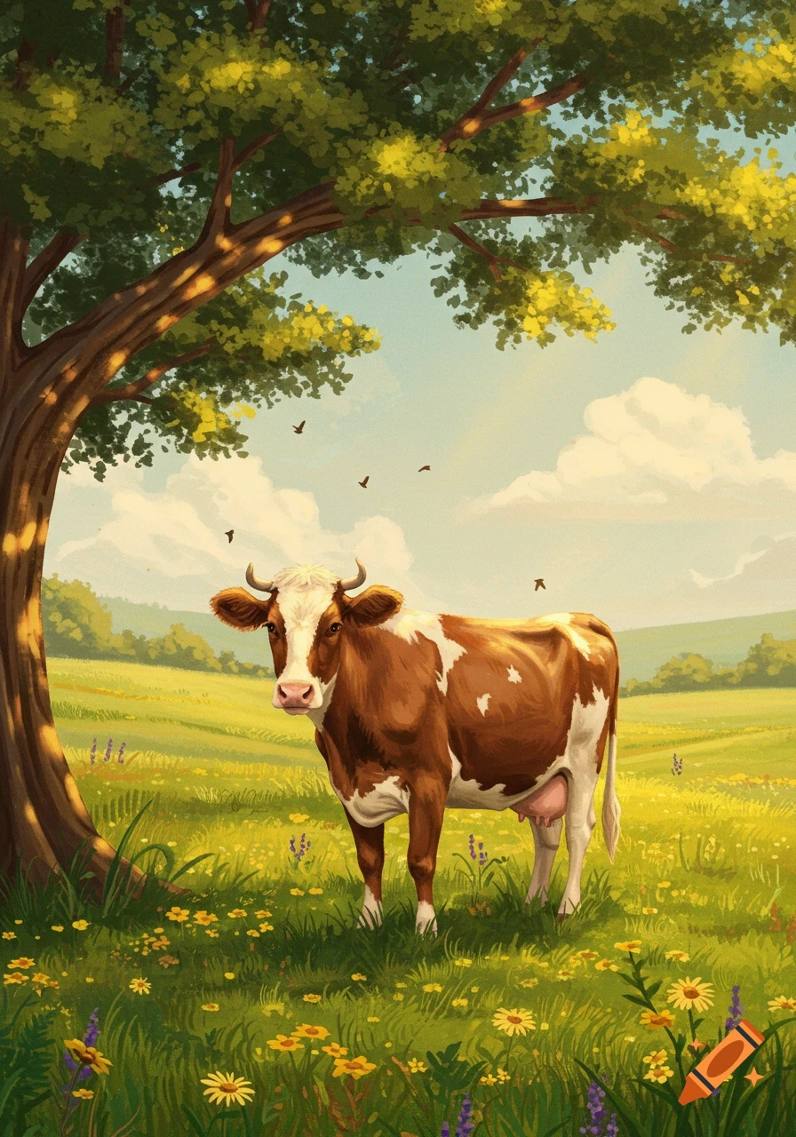 Illustrated idyllic scene of a brown and white cow standing in a sunny green meadow with wildflowers under a large leafy tree.
