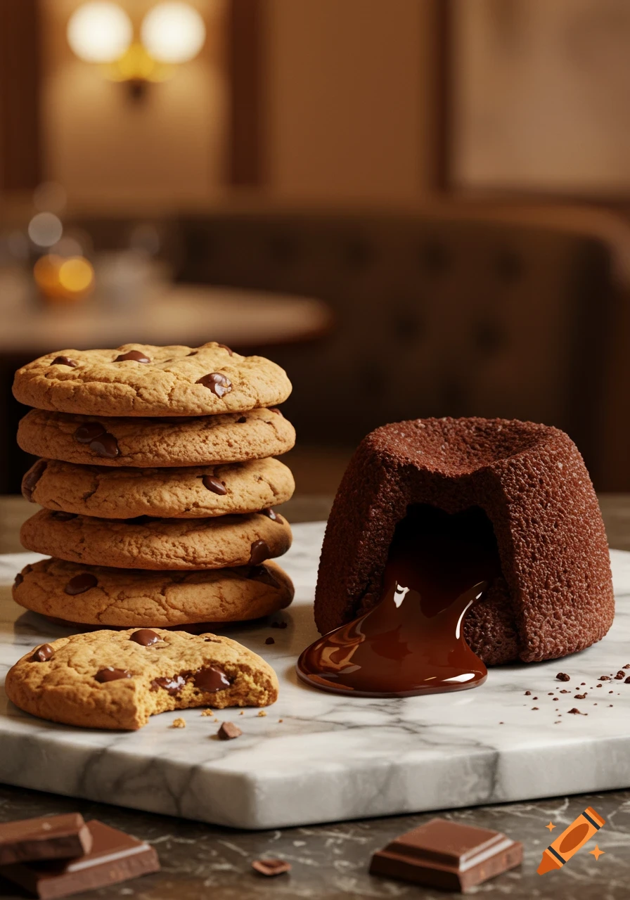 A stack of chocolate chip cookies and a chocolate lava cake with melted chocolate oozing out, displayed on a marble surface in a warm setting.