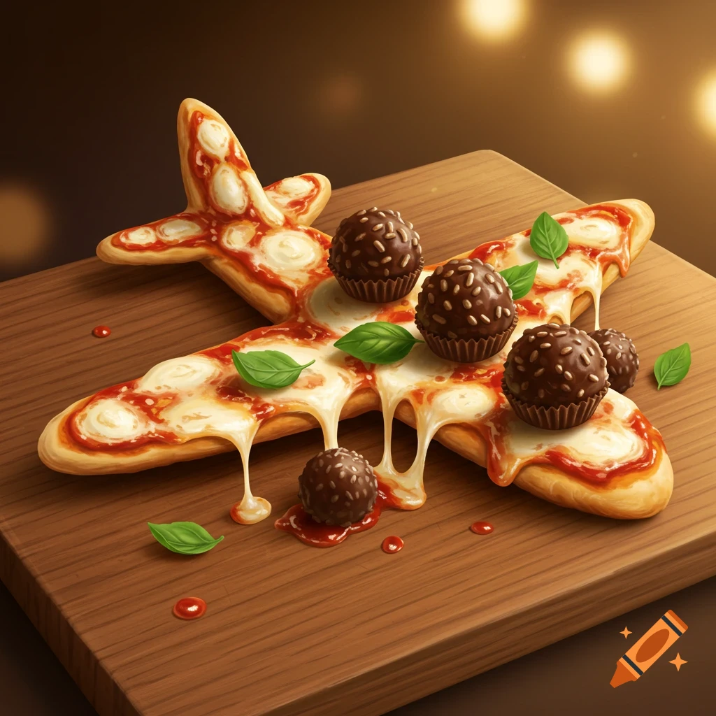 An airplane-shaped pizza with melted mozzarella cheese and basil, topped with chocolate truffle balls on a wooden board.