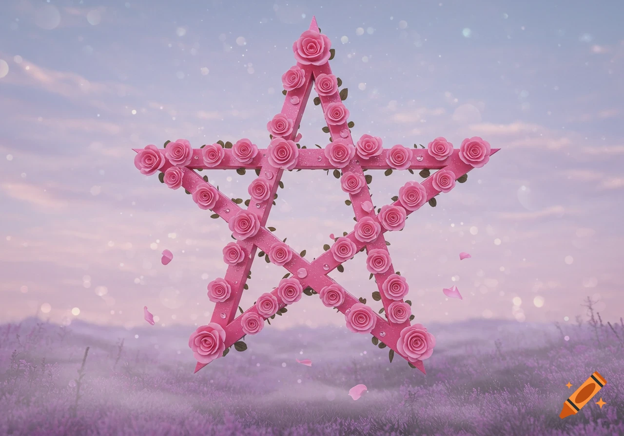 A pink pentagram adorned with pink roses and green leaves, floating over a lavender field under a soft pastel sky.