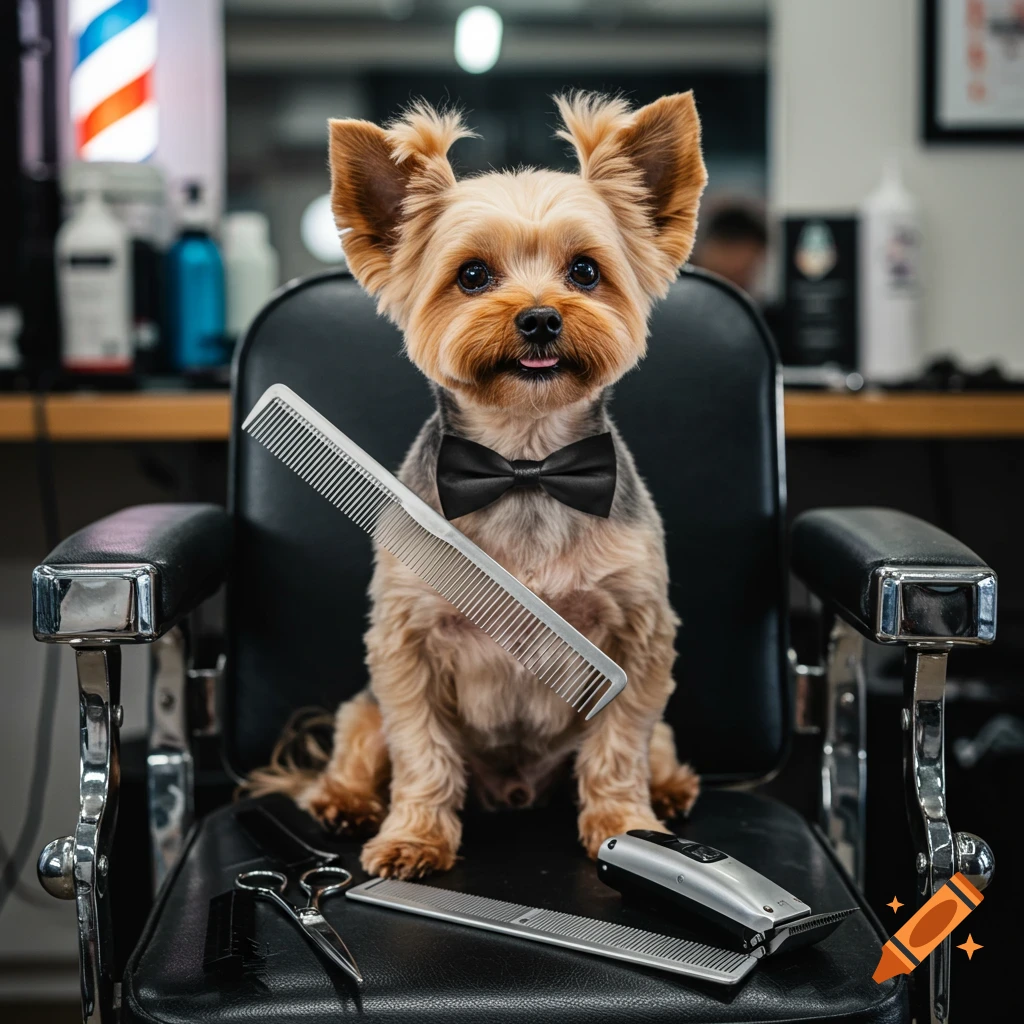 A Yorkshire Terrier dog in a black bow tie sits in a barber chair, holding a comb with clippers and scissors on the seat.