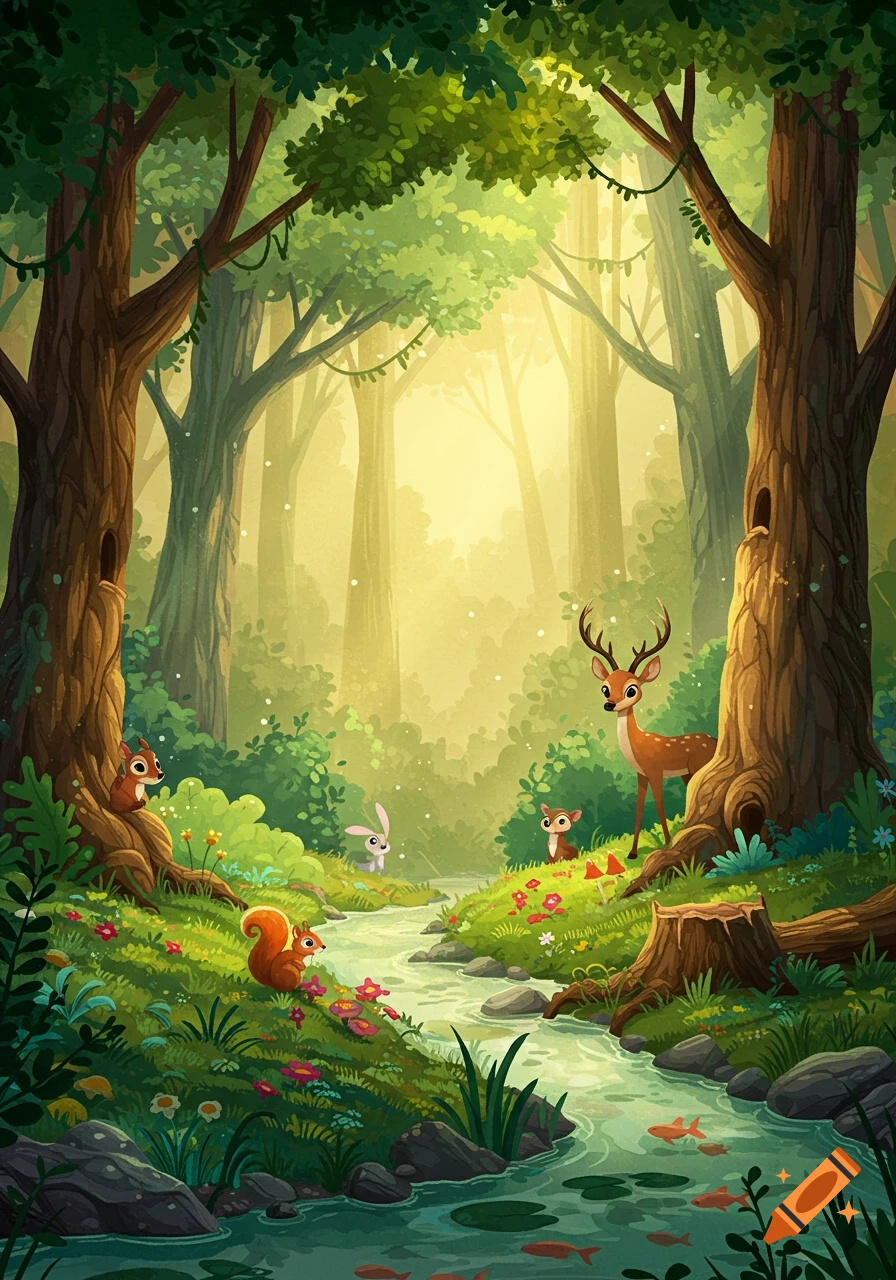 A vibrant cartoon forest with a winding stream, tall trees, and cartoon animals including deer, squirrels, and a rabbit.