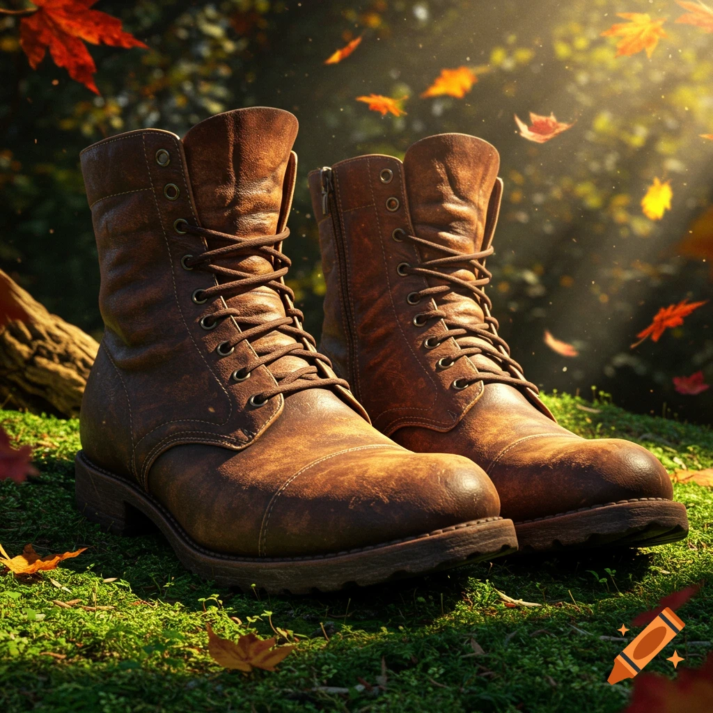 A pair of worn brown leather boots rest on mossy ground with fallen autumn leaves and dappled sunlight.