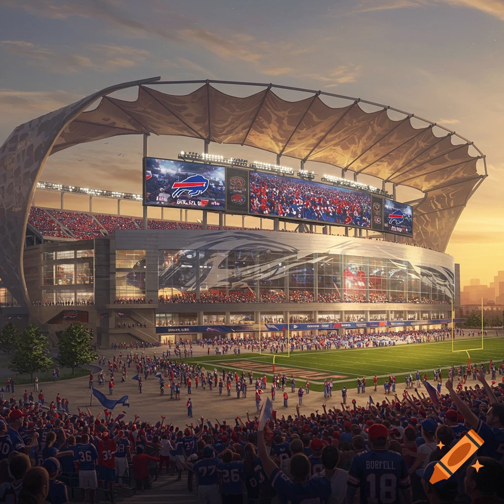 A grand, modern football stadium, filled with cheering fans, illuminated by a sunset sky, with Buffalo Bills logos on jumbotrons.