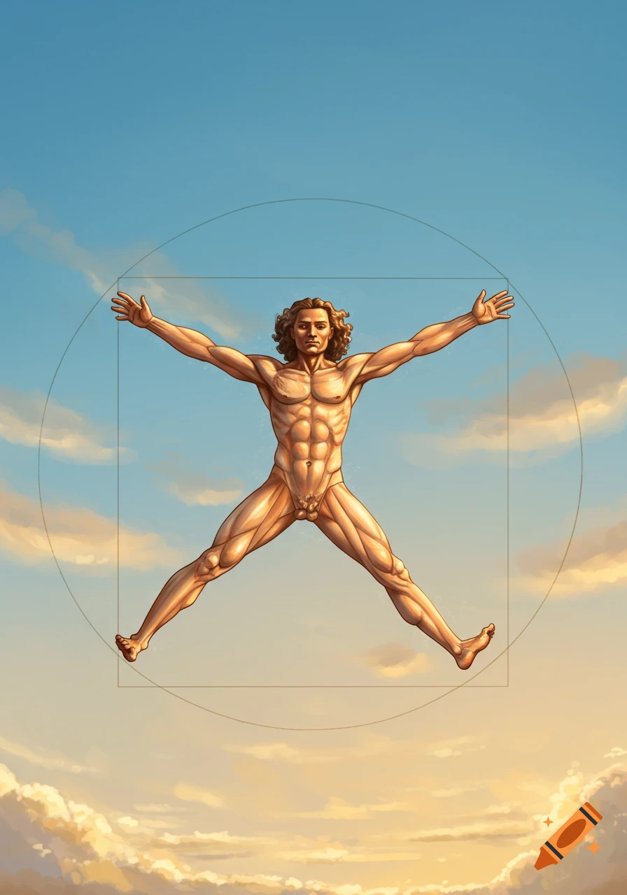 An illustration of the Vitruvian Man, a muscular male figure with outstretched arms and legs, contained within a square and a circle, against a blue sky with clouds.