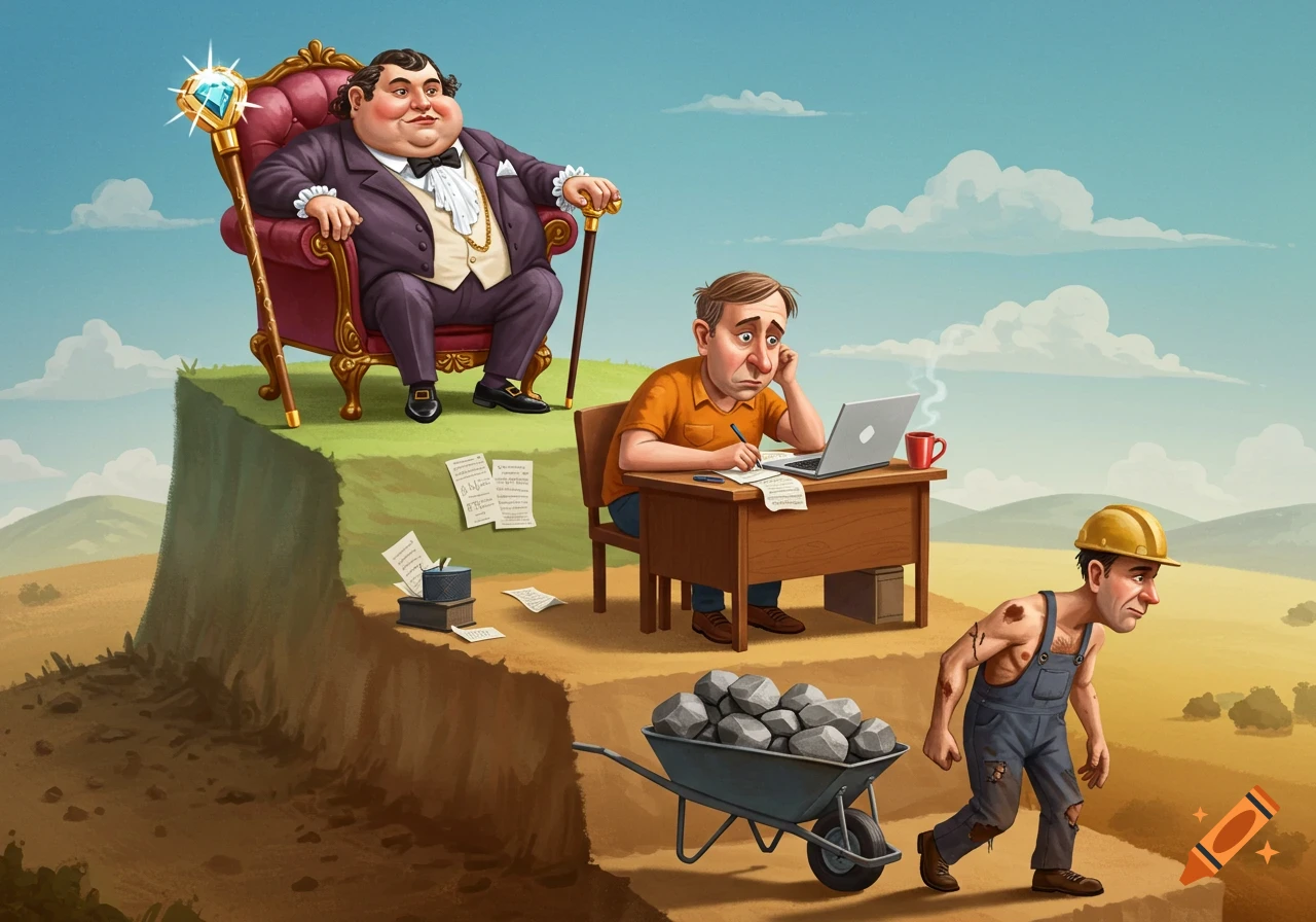 Caricature of social inequality showing a rich man on a throne, a man working at a desk, and a laborer with a wheelbarrow on stepped cliffs.