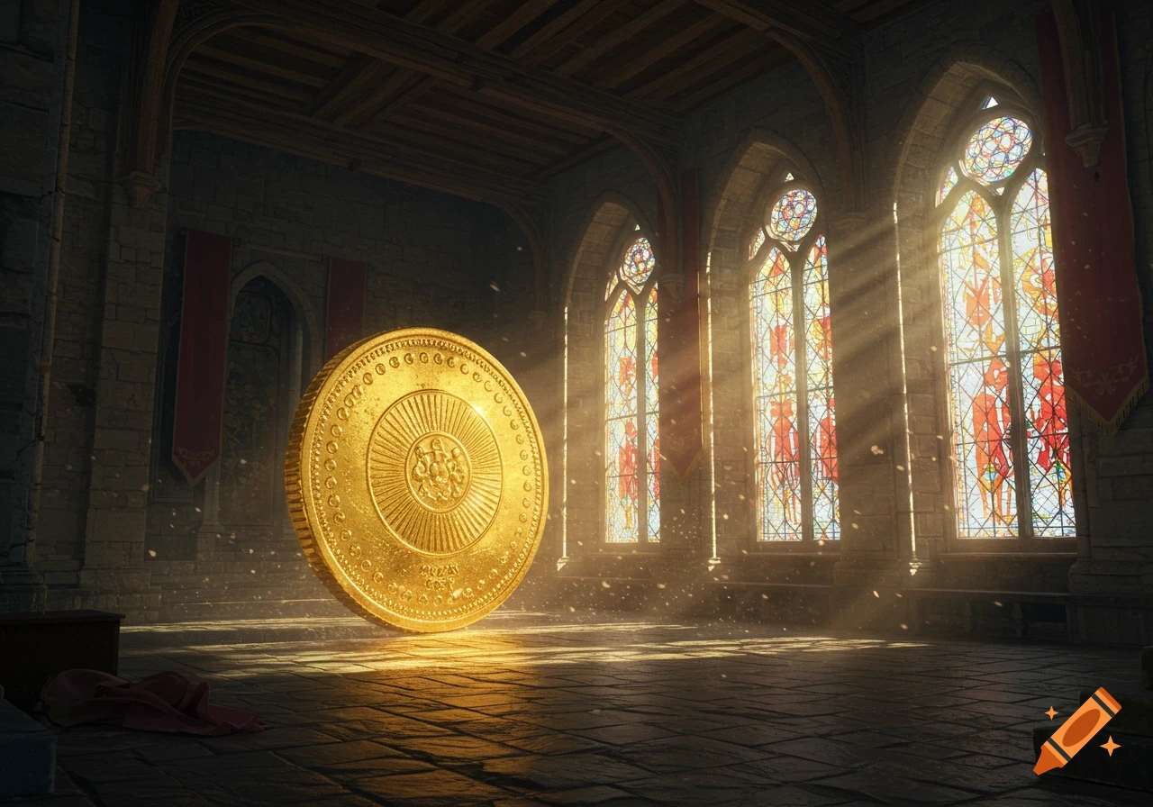 A giant golden coin stands upright in a grand castle hall with sunlight streaming through stained glass windows.