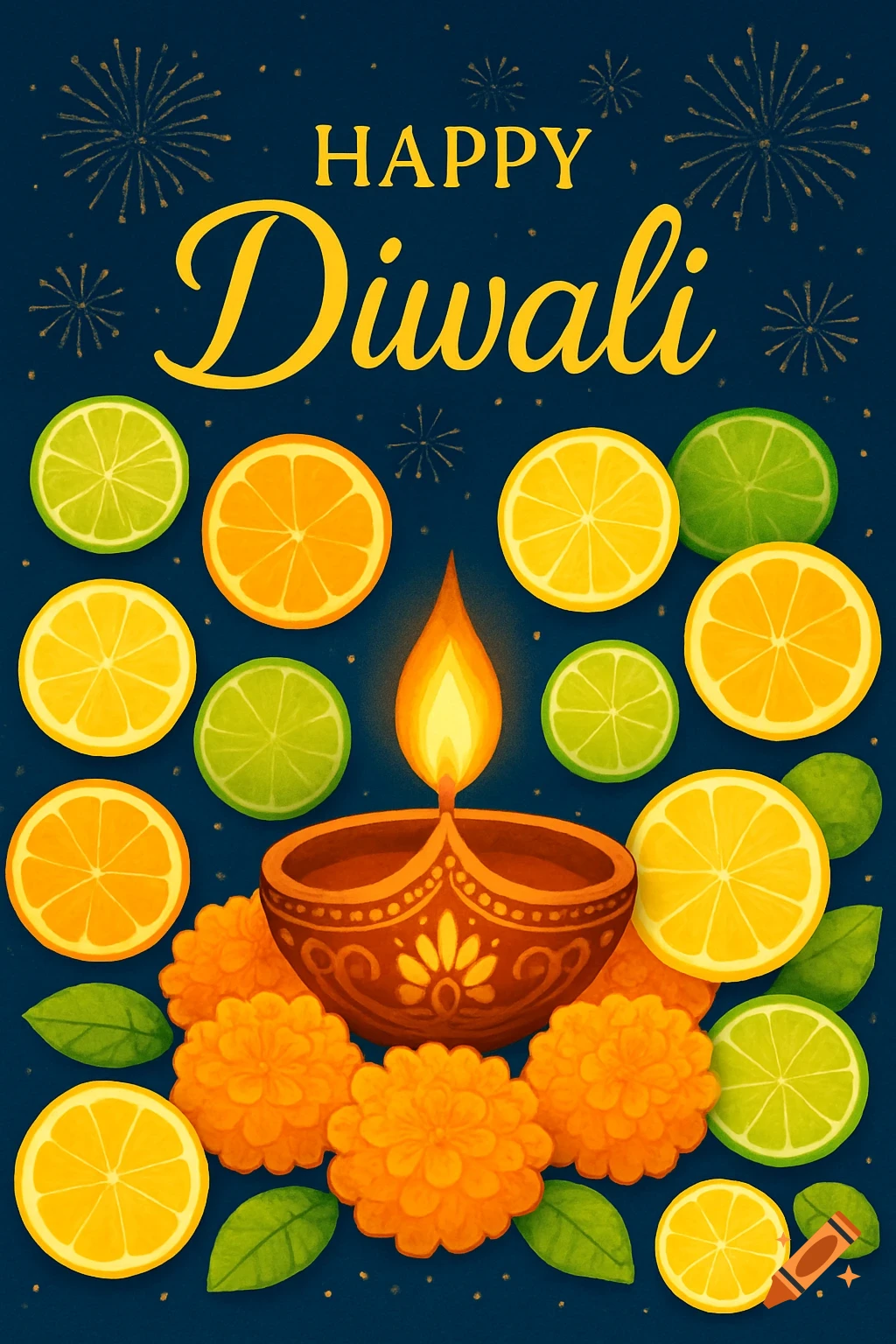 A festive Happy Diwali greeting card on a dark blue background featuring a lit diya, surrounded by orange, lemon, and lime slices, with stylized fireworks.