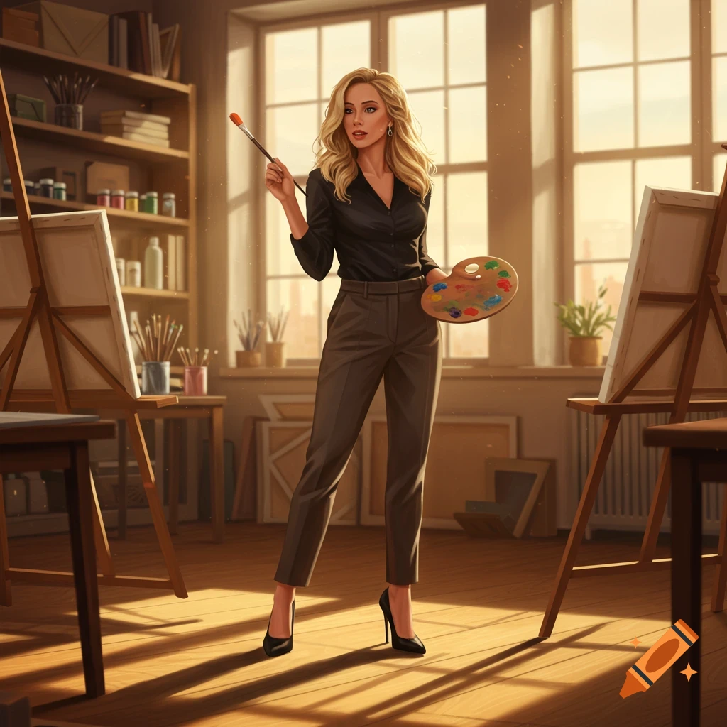 A blonde woman holding a paintbrush and palette stands in a sunlit art studio with easels and shelves.