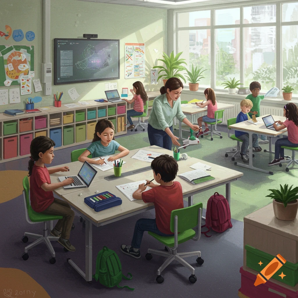 Illustrated scene of a bright, modern classroom with several children learning at desks and a teacher assisting one.