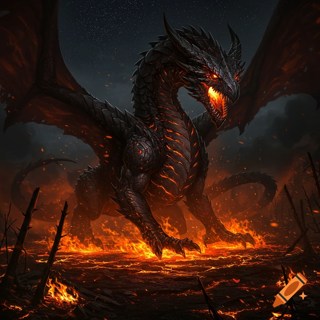 A large, dark dragon with glowing orange scales and eyes stands in a fiery, cracked landscape under a dark, starry sky.