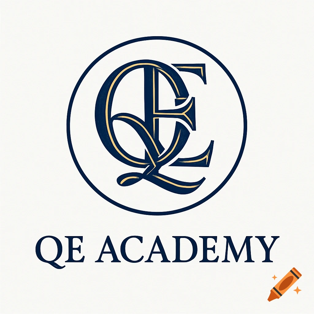 A dark blue and gold monogram logo for QE Academy inside a circle, with 'QE ACADEMY' text below.