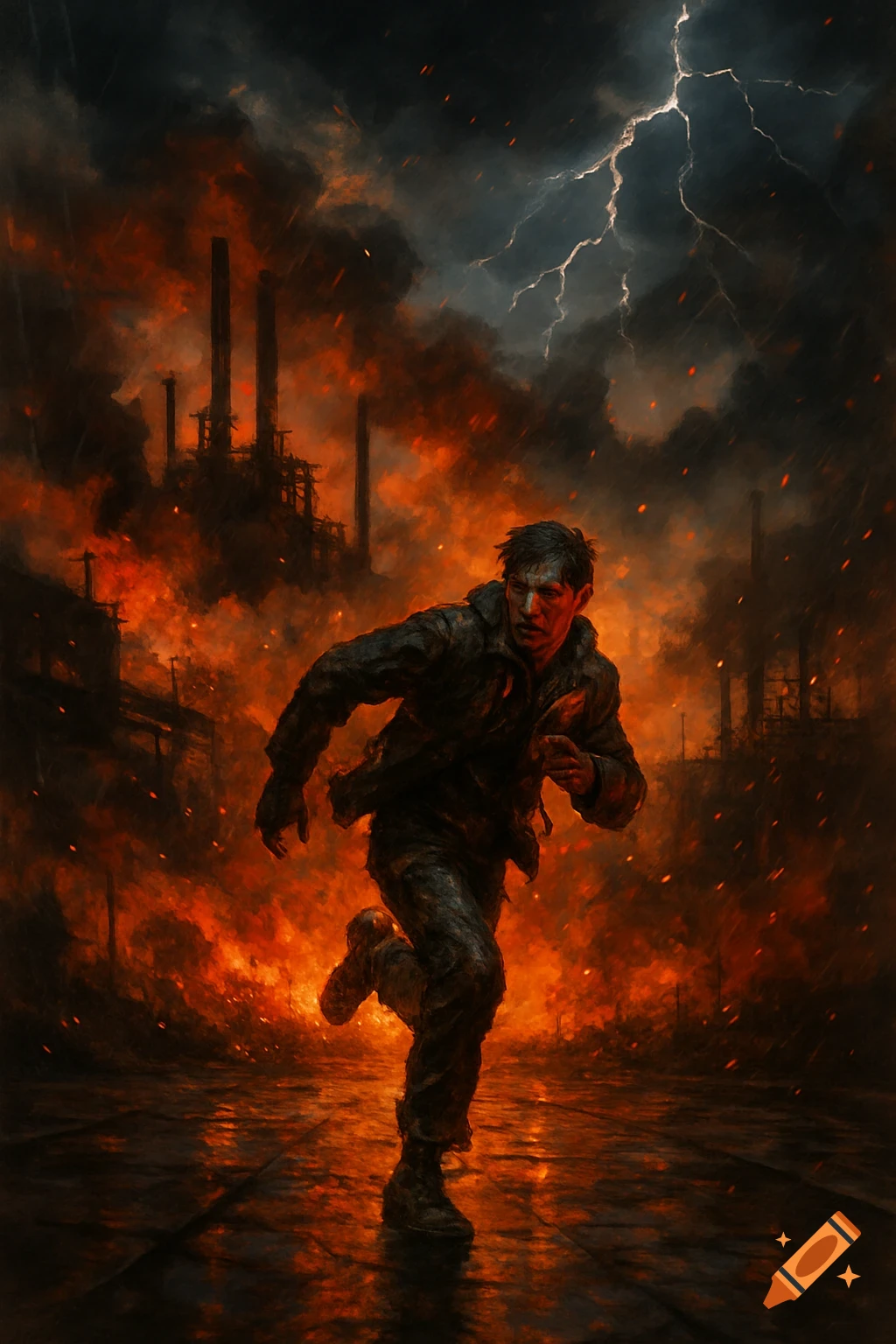 A man runs frantically away from a massive inferno engulfing an industrial complex under a stormy, lightning-filled sky.
