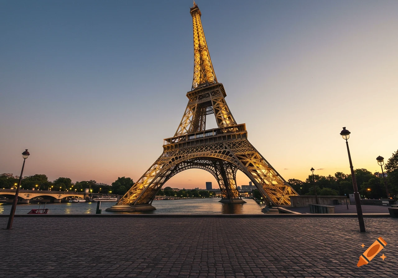A low-angle photorealistic view of the Eiffel Tower glowing gold at sunset, with the Seine River and a bridge in the background.