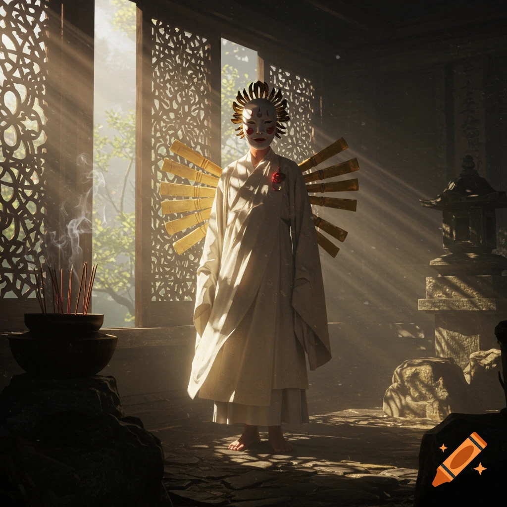 A photorealistic masked monk with golden rays on their back stands in a sunlit, ornate temple with incense smoke.