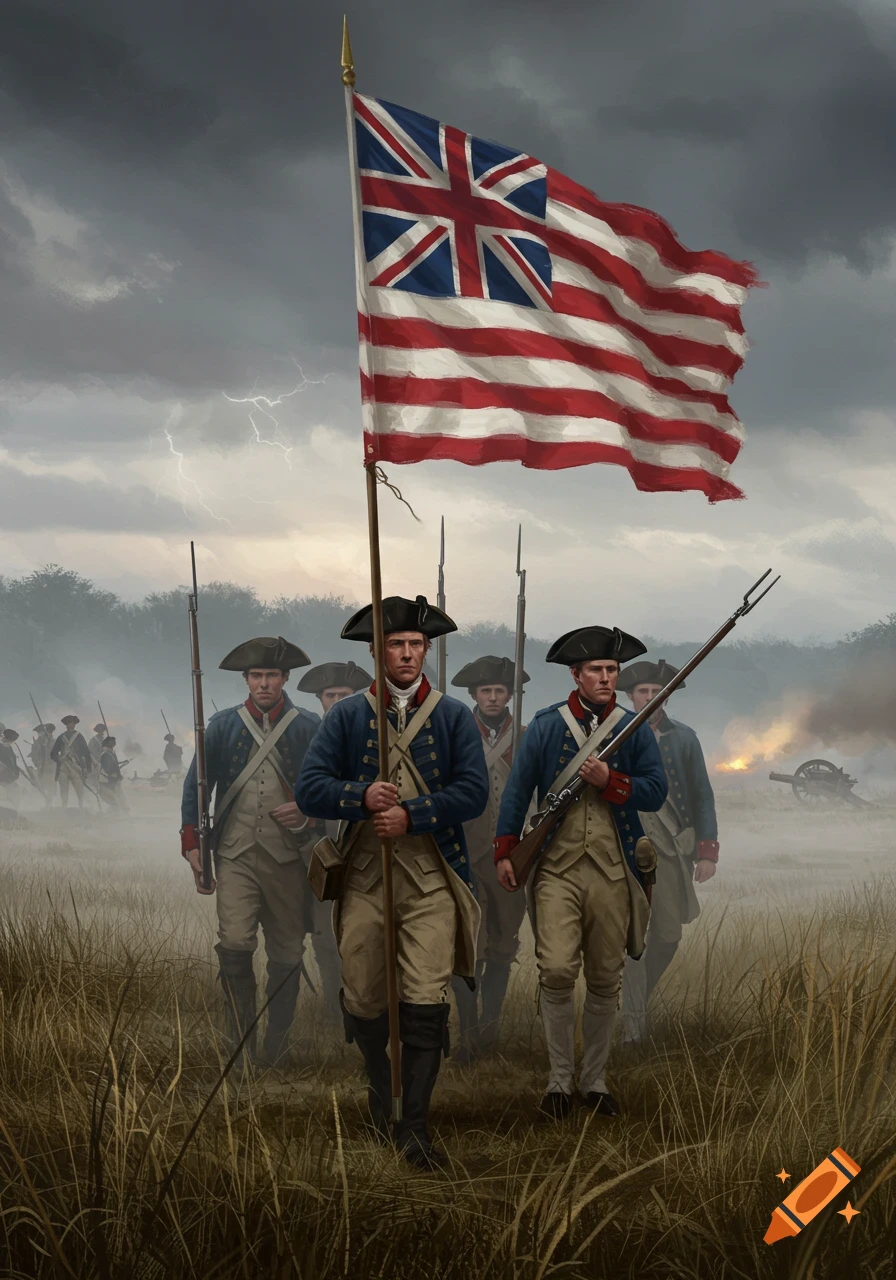Colonial soldiers march with a Grand Union Flag on a stormy battlefield with distant artillery fire.