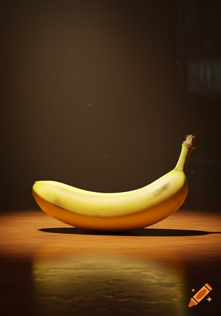 A photorealistic banana sits on a reflective wooden surface against a dark background.