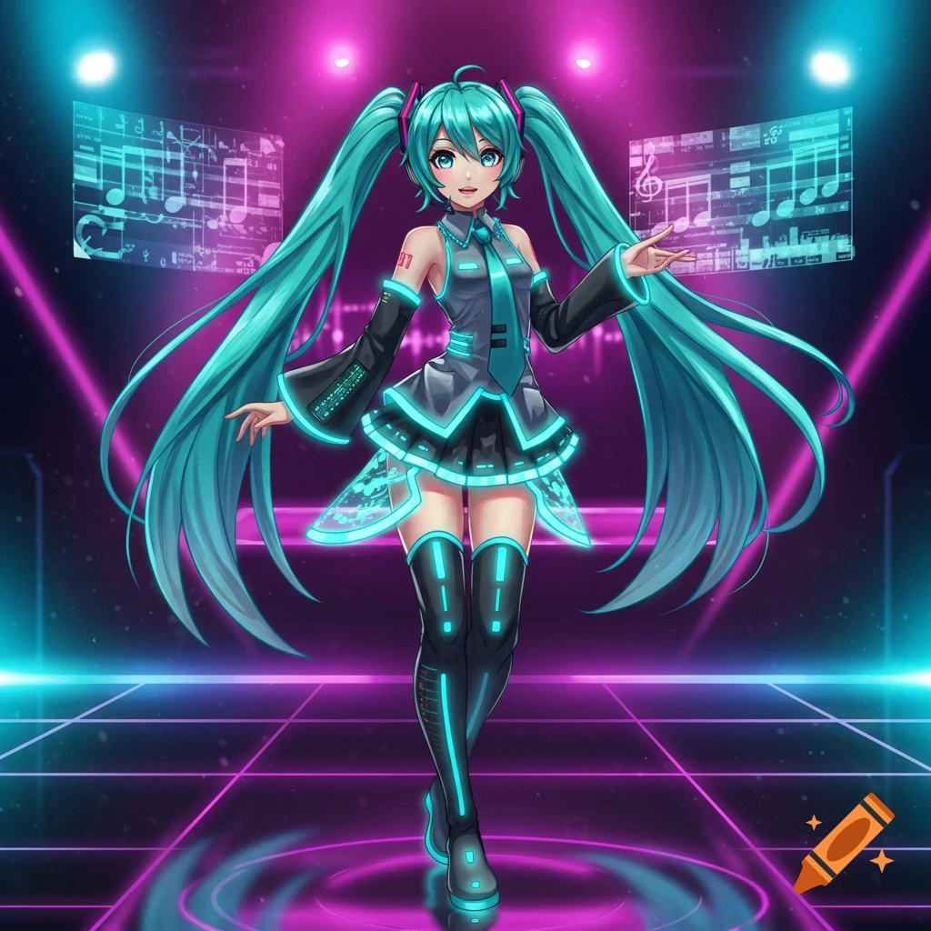 Anime Vocaloid girl with long teal pigtails in a futuristic outfit stands on a glowing stage with musical notes.