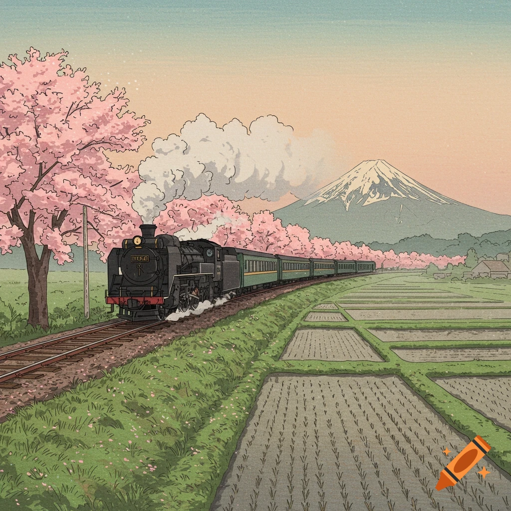 A black steam train on tracks travels past pink cherry blossom trees and green rice paddies, with Mount Fuji in the background, in a classic Japanese art style.
